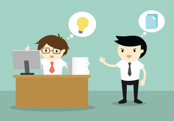 Business concept, Businessman has an idea but his colleague want to copy his idea. Vector illustration.