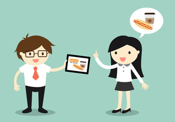Business concept, Business woman and businessman going to order food online. Vector illustration.