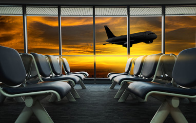 Naklejka premium Empty airport terminal waiting area with chairs lounge with seats in the airport