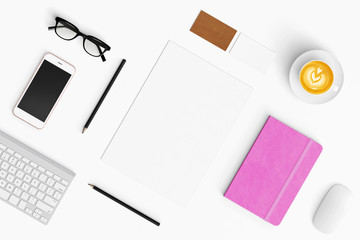 Modern workspace with coffee cup, smartphone, paper, tablet and notebook copy space on white color background. Top view. Flat lay style.