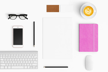 Modern workspace with coffee cup, smartphone, paper, tablet and notebook copy space on white color background. Top view. Flat lay style.