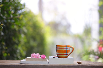 Colorful Orange checked pattern cup and diary with flower