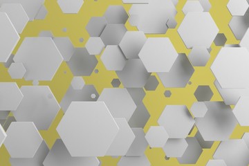 White hexagons of random size on yellow background