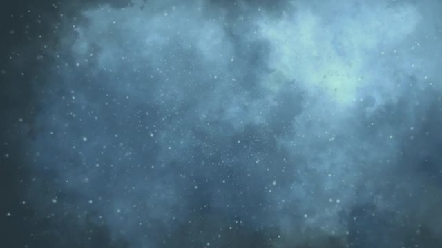 Snow falling from the sky on the background of clouds. The view from ground
