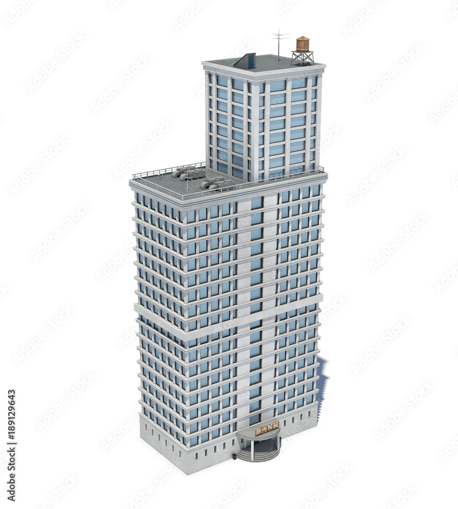 Poster 3d rendering of a white high office building with many large windows.