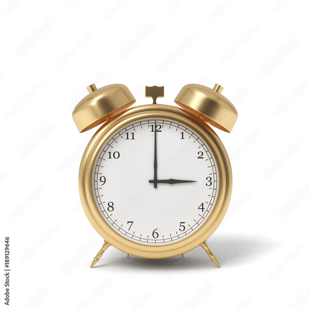 Poster 3d rendering of a retro alarm clock covered in gold standing on a white background.