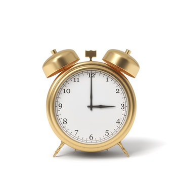3d rendering of a retro alarm clock covered in gold standing on a white background.