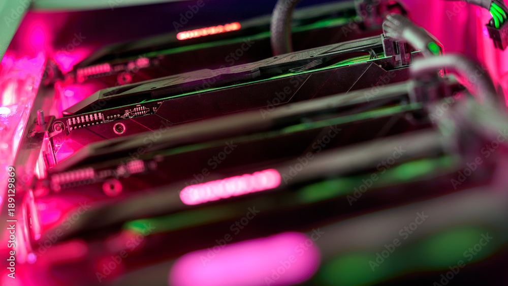 Poster close-up graphic card of computer working for bitcoin mining