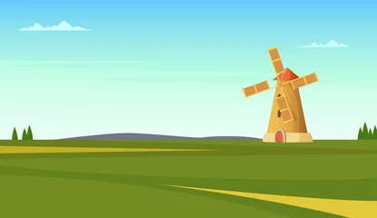 Schilderijen op glas Rural summer landscape with windmill. Natural Agricultural view illustration © Vector_Vision