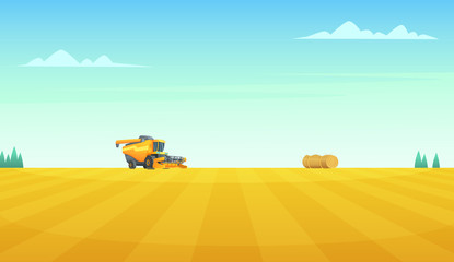 Rural summer landscape with Combine harvester agriculture machine harvesting golden ripe wheat field