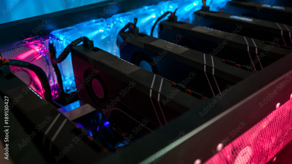 Fototapete Close-up graphic card of computer working for bitcoin mining