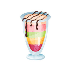 Layered pudding smoothie, refreshment beverage in glass cartoon vector Illustration