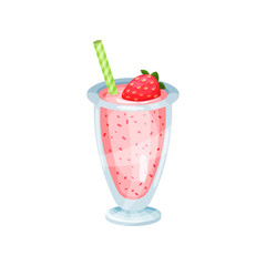 Fresh strawberry smoothie, healthy food for breakfast in glass cartoon vector Illustration