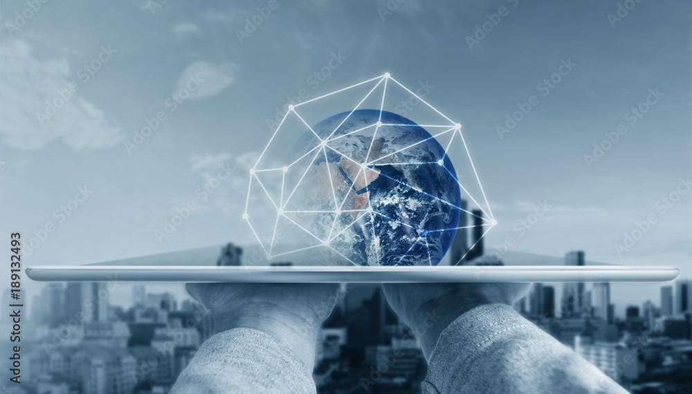 Aufkleber hand holding digital tablet with global network connection technology and education with e-learning 