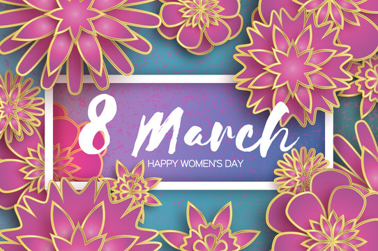 Pink 8 March. Gold Purple Happy Women s Day. Mother s Day. Paper cut Floral Greeting card. Origami flower. Text. Rectangle frame. Spring blossom on blue sky. Seasonal holiday. Modern decoration.