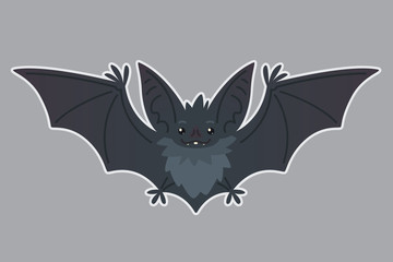Bat flying. Vector illustration of bat-eared grey creature with outstretched wings in flat style with silhouette syblayer. Sticker. Element for your design, print. Cute Halloween bat vampire icon.