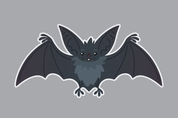 Bat animal. Vector illustration of bat-eared grey creature in flat style with silhouette syblayer. Sticker. Element for your design, print, artwork. Cute Halloween bat vampire icon.