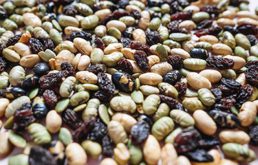 Mixed nuts, natural products, variation of nuts and grain with beans 