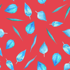 Seamless pattern with watercolor blue leaves on red background