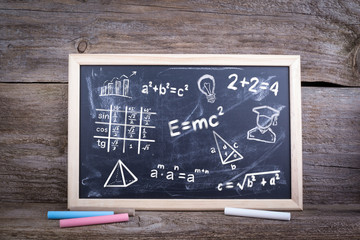 math formulas, education and knowledge. Chalk board Background.
