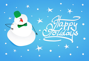 Snowman with green bucket and green bow tie.