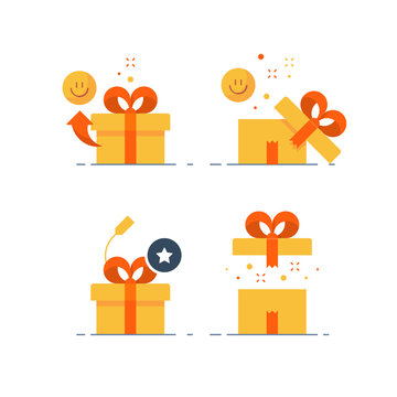 Prize Give Away, Surprising Gift, Emotional Present, Fun Experience, Gift Idea Concept, Flat Icon