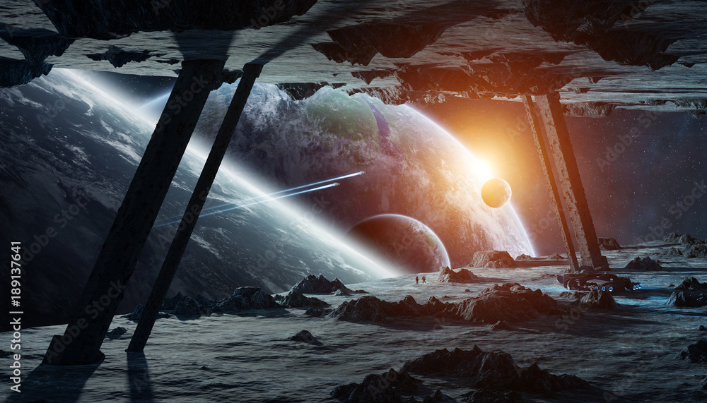 Poster Astronauts exploring an asteroid spaceship 3D rendering elements of this image furnished by NASA