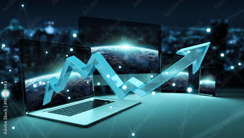 Poster blue arrow in front of modern tech devices 3d rendering