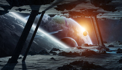 Astronauts exploring an asteroid spaceship 3D rendering elements of this image furnished by NASA