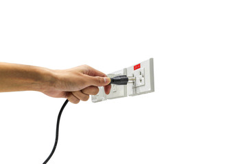 Hand are plugged in or unplugged electricity. Separated from a white background.