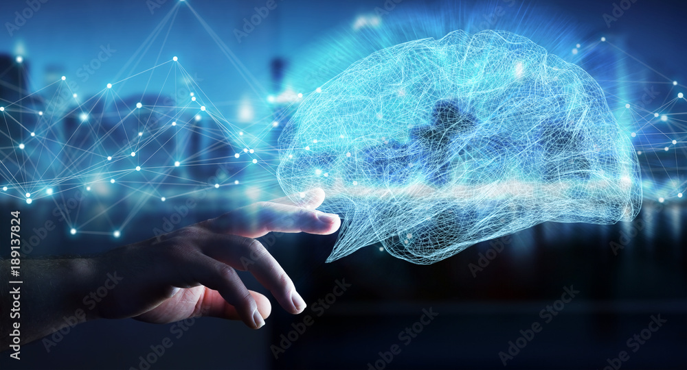 Poster businessman using digital x-ray human brain interface 3d rendering