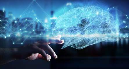 Businessman using digital x-ray human brain interface 3D rendering