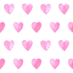 Seamless pattern with pink watercolor hearts on white background.