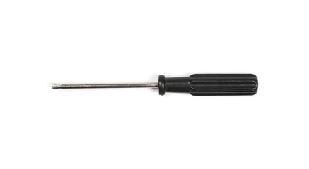 Old, black metal screwdriver with plastic handle, isolated on white background