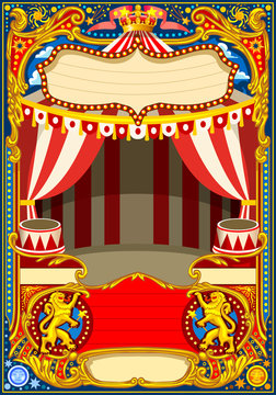 Circus poster or card theme. Vintage frame with circus tent for kids birthday party invitation or post. Quality template vector illustration