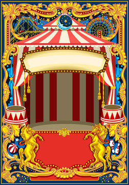 Circus poster theme. Vintage frame with circus tent for kids birthday party invitation or post. Quality template vector illustration