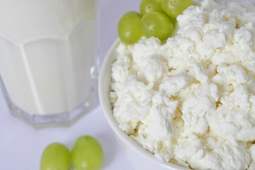 glass cup with milk, white porcelain dish with cottage cheese, green grapes.  white background