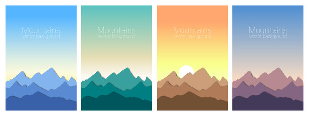 Beautiful mountains landscape in different time of day. Set of stylish outdoor card templates. Paper cut style, 3D. Vertical background for posters, banners, leaflets and covers design.