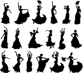 Large set of silhouettes of flamenco dancers - obrazy, fototapety, plakaty