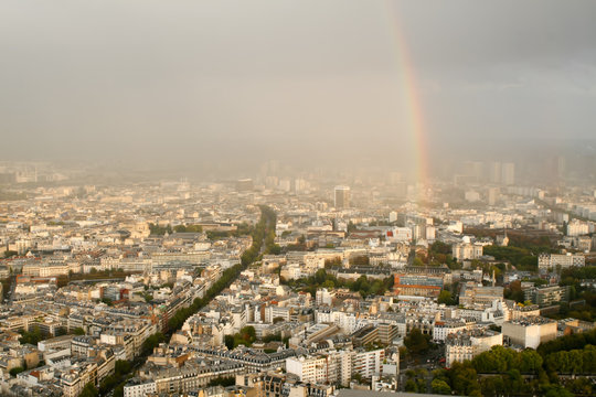 top view of a European city, rainbow