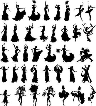 Big set of silhouettes of dancers