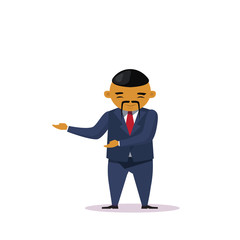 Cartoon Asian Business Man Holding Hand Gesture Presenting Or Showing Isolated Over White Background Flat Vector Illustration