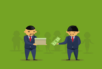Two Asian Business Men Put Dollar In Box Donation Charity, Taxes Or Savings Concept Flat Vector Illustration