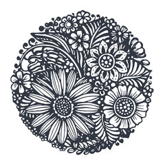 Beautiful vector flowers and plants in the circle.