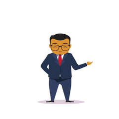 Cartoon Asian Business Man Holding Hand Gesture Presenting Or Showing Isolated Over White Background Flat Vector Illustration