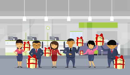 Group Of Asian Business People Hold Gift Boxes In Modern Office, Chinese Businesspeople Employees Team Flat Vector Illustration