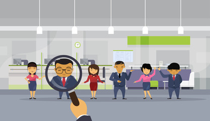Hr Hand Hold Magnifying Glass Choosing Businessman From Asian Business People Candidate For Vacancy Position, Recruitment Concept Flat Vector Illustration