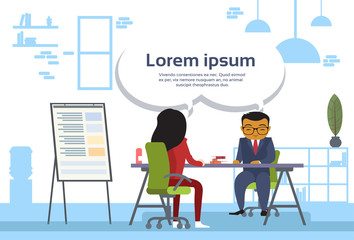 Asian Business Man And Woman Meeting Business People Sitting At Office Desk Sales Report On Board Flat Vector Illustration