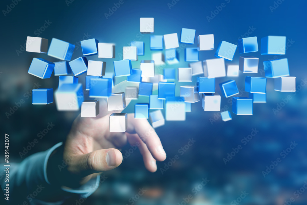 Poster 3d rendering blue and white cube on a futuristic interface