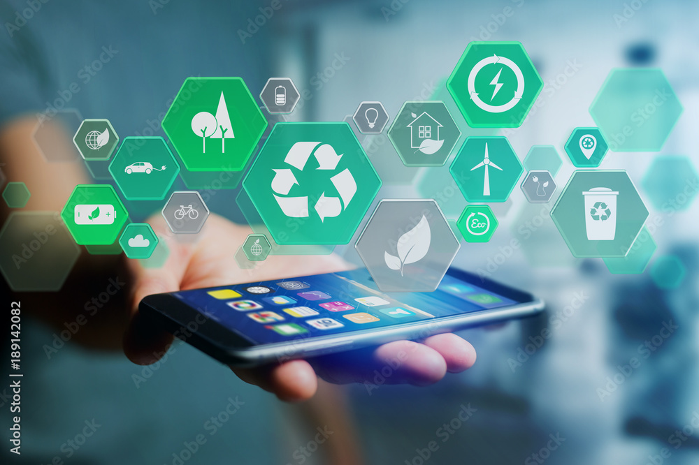Poster technology ecologic interface with icon displayed on a futuristic interface